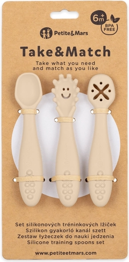 Petite&Mars set 3 lingurițe de antrenament din silicon Take&Match desert sand 6m+