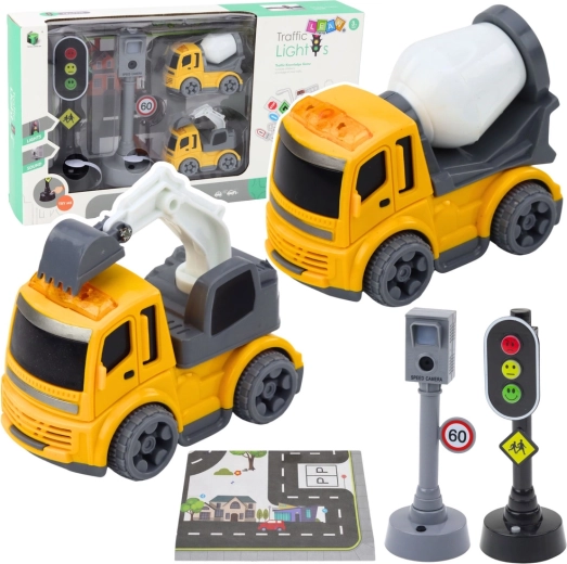 Set semafor pentru copii cu radar foto, covoraș de joacă și mașinuțe de construcții cu lumini și sunete