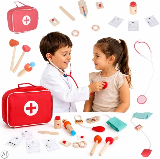 Set de doctor din lemn cu geantă medicală pentru copii