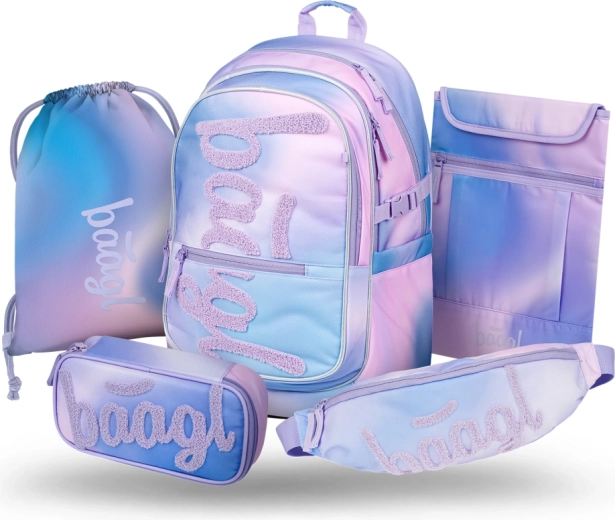 Set Baagl Core Sky 5‑în‑1: rucsac școlar, penar, săculeț pentru sport, borsetă și husă pentru laptop