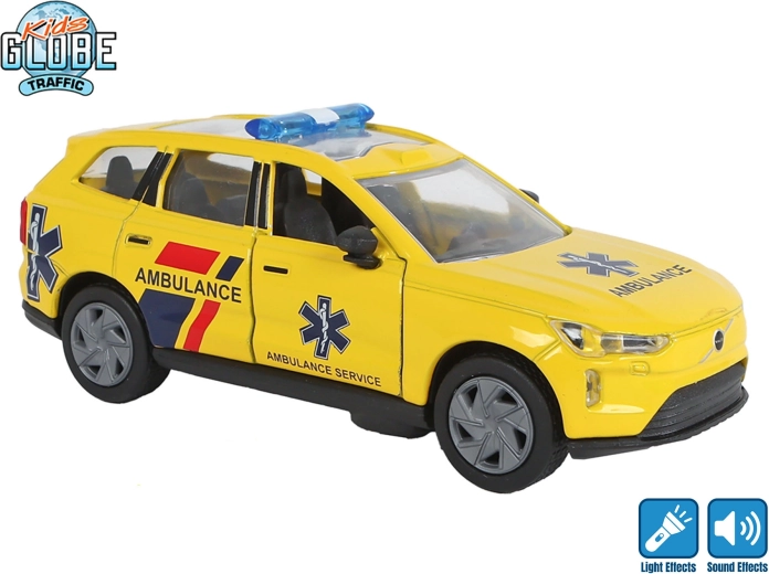 Kids Globe Traffic ambulanță metalică Volvo EX90 cu mecanism pull-back, lumină și sunet, 13,5 cm