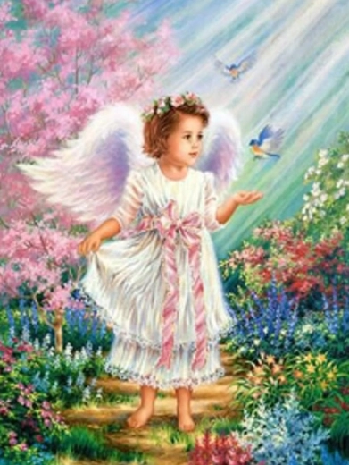 Pictură cu diamante Îngeraș cu păsărele 30 × 40 cm