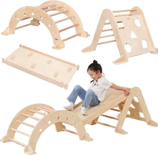 viga montessori loc de joacă pentru acasă 3‑în‑1: triunghi pikler, leagăn-balansoar și tobogan reversibil