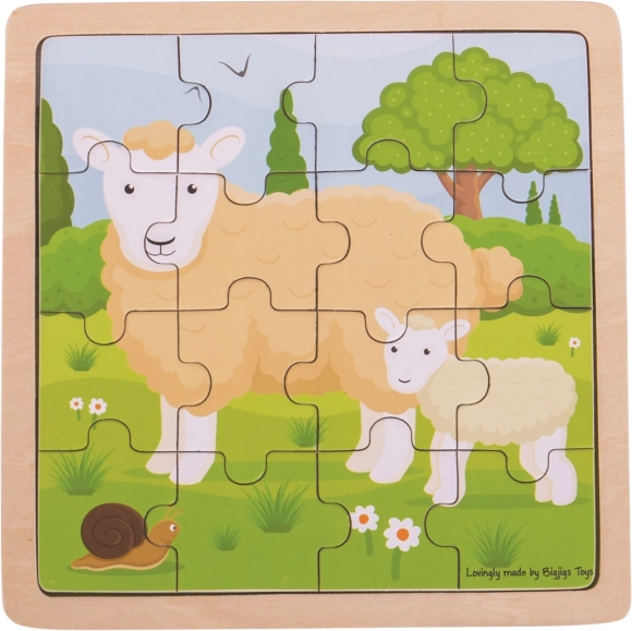 Puzzle cu ramă din lemn – oiță cu mieluț BIGJIGS TOYS, 18 piese