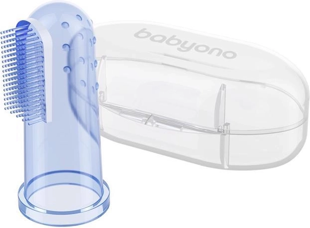 BabyOno periuță de dinți din silicon pentru deget cu etui, albastră