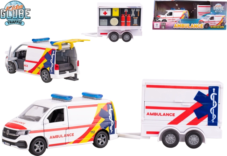Kids Globe Traffic ambulanță VW Transporter cu remorcă 1:16