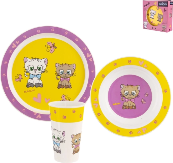 Set de masă pentru copii din plastic UH, motiv pisicuțe, rotund, 3 piese