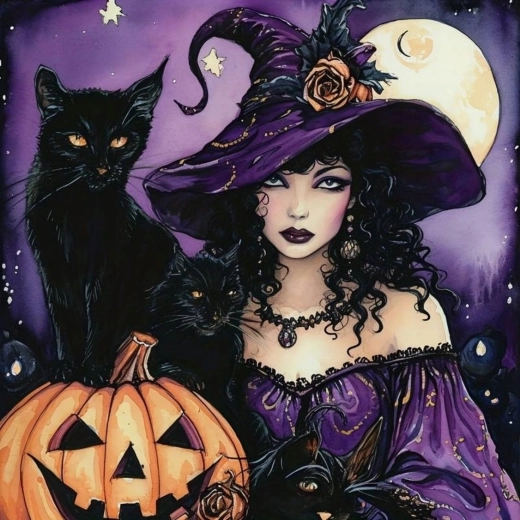 Pictură cu diamante vrăjitoare cu pisică neagră și dovleac 30 × 40 cm