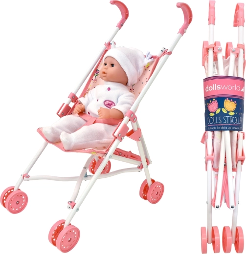 Cărucior pliabil de lux cu patru roți pentru păpuși Dolls World, 56 cm