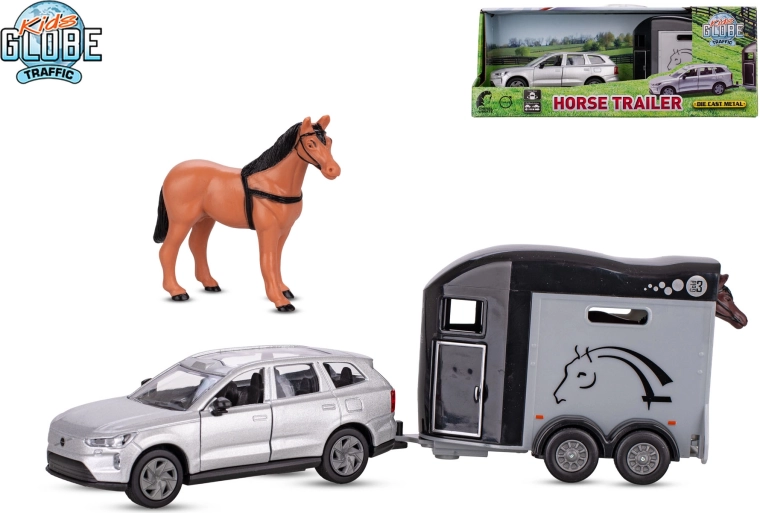 Kids Globe Traffic VOLVO EX90 cu remorcă pentru cai, model metalic 28 cm