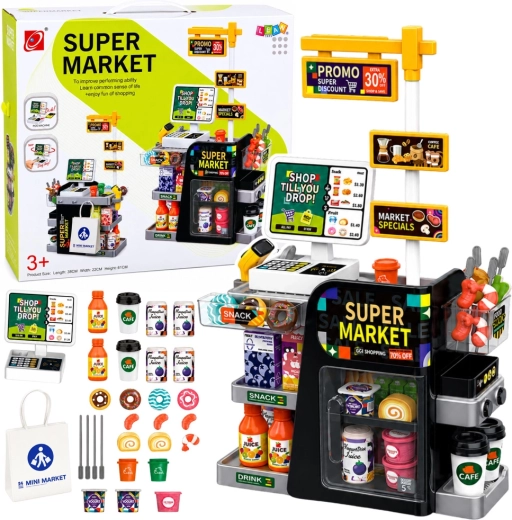 Supermarket pentru copii cu casă de marcat, scanner și dozator de băuturi (65 piese)