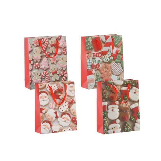 Pungi cadou de Crăciun cu motiv de prăjituri 18 × 24 × 8 cm, fundițe roșii, set 12 buc.