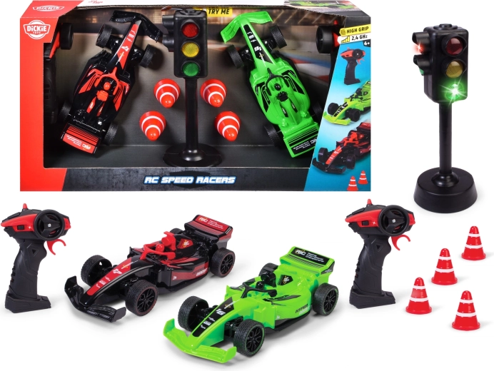 Dickie RC Speed Racers – set de două mașini de curse cu telecomandă, semnalizare luminoasă și conuri