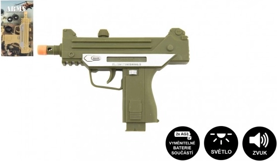 Pistol-mitralieră din plastic 17,5 cm pe baterii, cu sunet și lumină, 2 culori, pe cartonaș