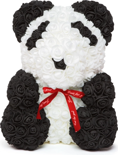 Panda din trandafiri cu fundă roșie