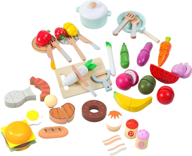 2Kids Toys set din lemn cu alimente pentru bucătăria de joacă (42 de piese)