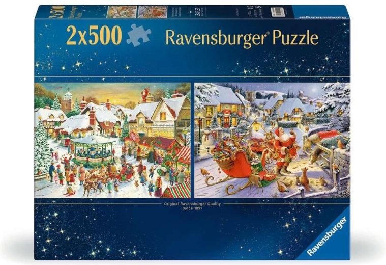 Puzzle Ravensburger – târg de Crăciun și cină în Ajun cu Moș Crăciun 2×500 piese
