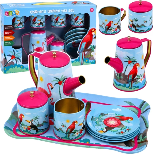 Set de ceai metalic pentru copii cu papagali – motiv exotic, 12 piese