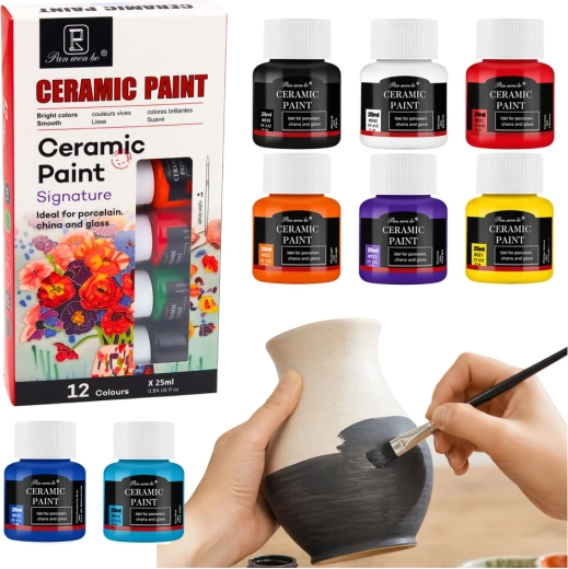 Set de vopsele ceramice pentru porțelan, sticlă și ceramică 12 × 25 ml cu pensulă