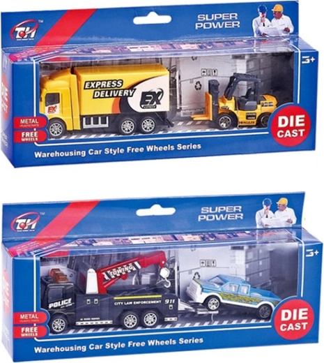Set de vehicule de construcții – camion cu stivuitor sau platformă de tractare cu autoturism