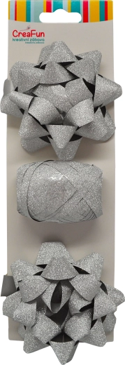 Set cadou sclipitor pentru ambalare argintiu (panglică 10 m + 2 funde stea 9 cm)