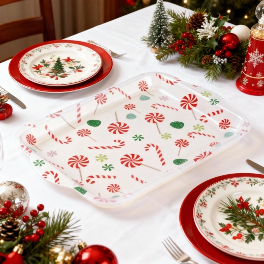 Tavă de servire din plastic pentru Crăciun, cu motiv de dulciuri, 34 × 23 cm