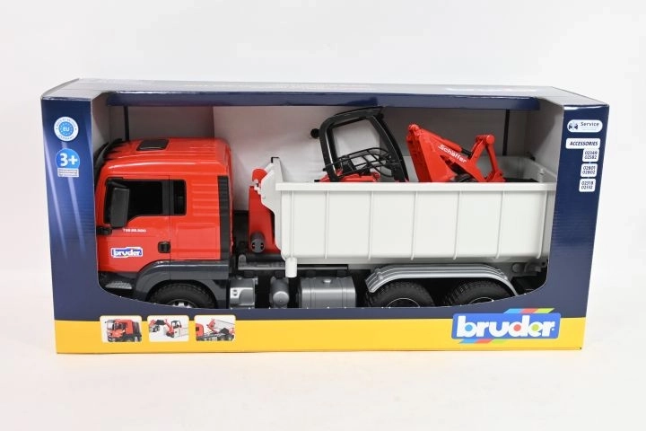 Camion Bruder MAN TGS cu container și încărcător Schäffer Hoflader