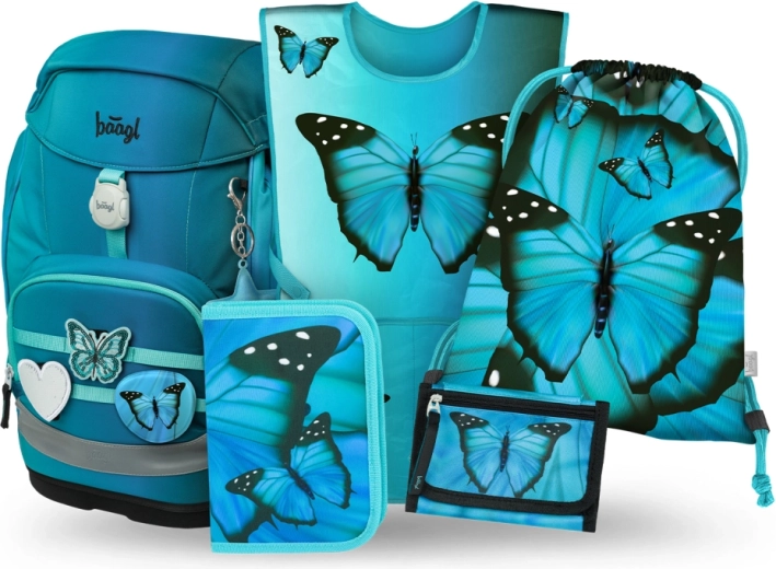 Set școlar Baagl 5‑în‑1 Airy Plus Butterfly – rucsac, penar, săculeț, portofel și vestă reflectorizantă