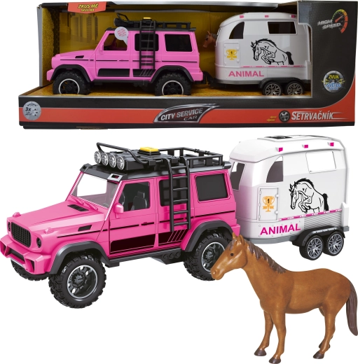 Mașină off-road roz cu remorcă și cal 1:14 cu lumini și sunete