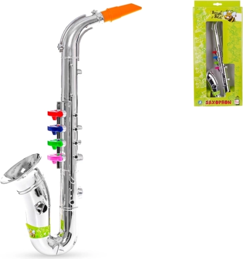 Saxofon pentru copii 38 cm – instrument din plastic argintiu cu 4 clape colorate