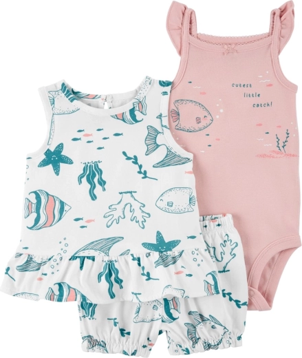 Set Carter’s din 3 piese pentru bebeluș Pink Ocean – body și tricou fără mâneci, pantaloni scurți (măr. 56)