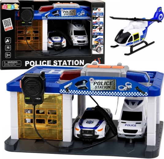 Secție de poliție cu garaj, mașini, elicopter și stație radio