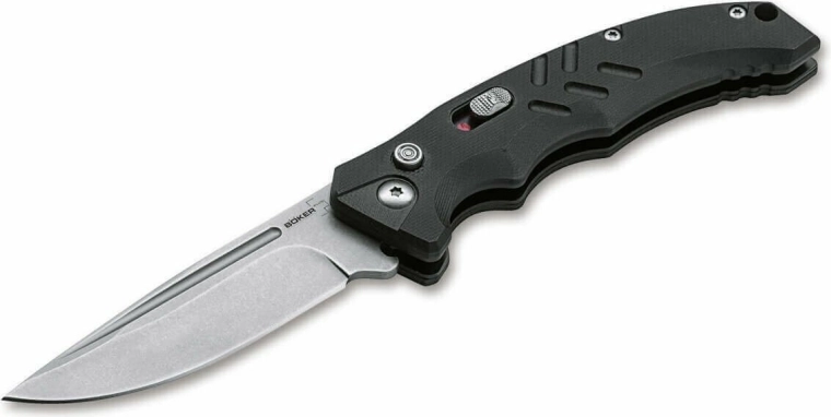 Böker Plus Intention II Black cuțit tactic automat de 8 cm cu finisaj stonewash și mâner G10