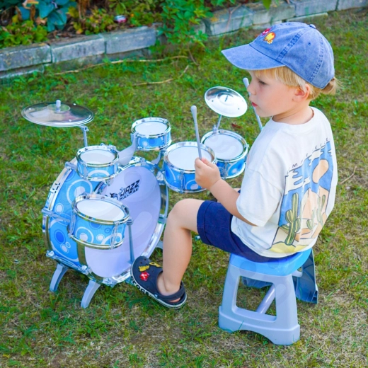 Set de tobe pentru copii Woopie cu 6 tobe, 2 cinele și taburet
