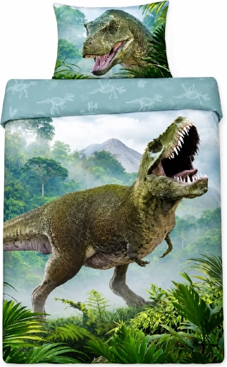 Lenjerie de pat din bumbac FARO T-Rex în junglă, verde, 140 × 200 cm