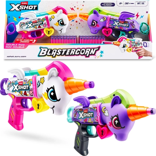 X-Shot Blastercorn – pistoale unicorn, set 2 buc cu 32 proiectile