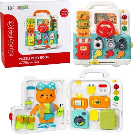 Carte manipulativă interactivă – busy board educativ cu lumini și sunete, 16 elemente