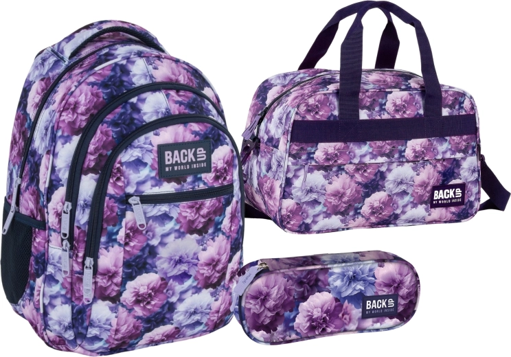BackUP Violet Bloom set avantajos 3în1: rucsac școlar, penar și geantă sport