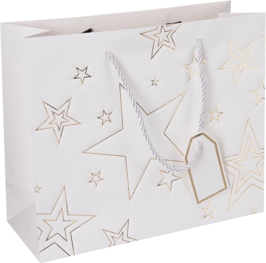 Pungă cadou din hârtie cu motiv de stea, albă, 31 × 12 × 26 cm