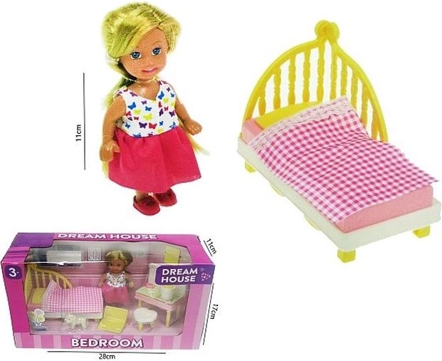 Păpușă de 11 cm cu set de dormitor