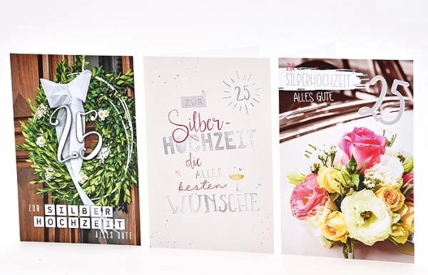 Felicitări pentru nunta de argint – 100 buc., 3 modele, 11,5 × 17,5 cm