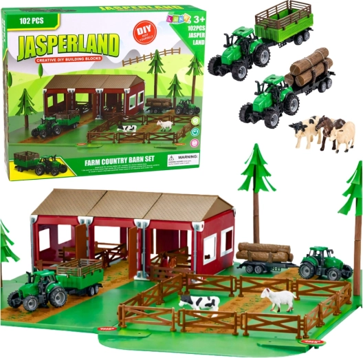 Set de construcție fermă cu șură, tractoare și animale – 102 piese