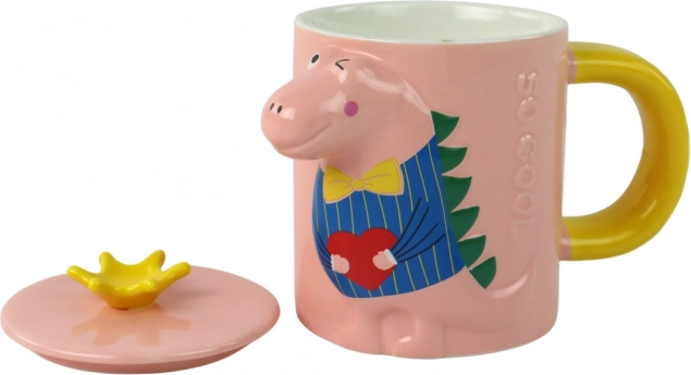 Cană ceramică cu capac și linguriță, motiv dinozaur, roz, 400 ml