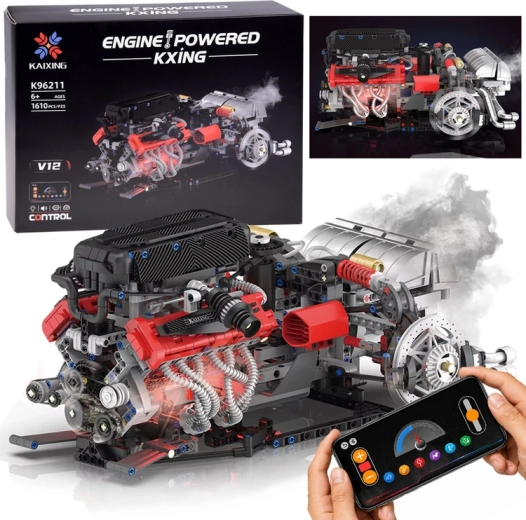 KXING set de construcție tehnic – asamblați un motor V12 funcțional cu generator de abur, 1610 piese