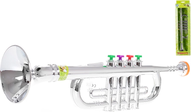 Trompetă pentru copii 37,5 cm cu finisaj argintiu și clape colorate