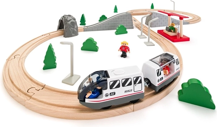 Circuit de tren din lemn Woody în formă de opt, cu tren electric