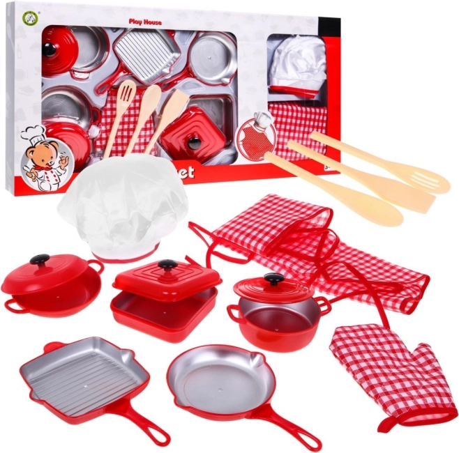 Set roșu de mic bucătar pentru copii 3+ – costum de chef, oale și accesorii, 14 piese