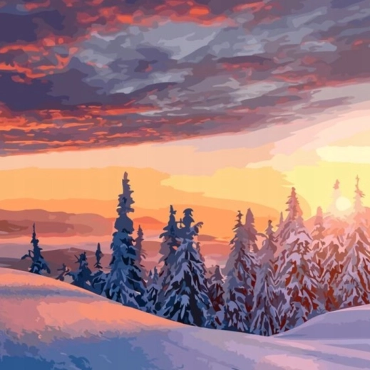 Pictură cu diamante – vedere asupra peisajului de iarnă înzăpezit 30 × 40 cm