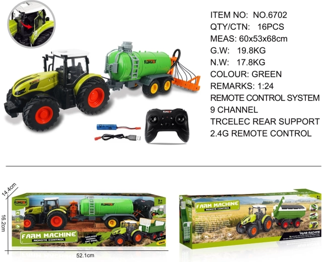 Tractor cu telecomandă cu cisternă verde și greblă pentru fân 1:24