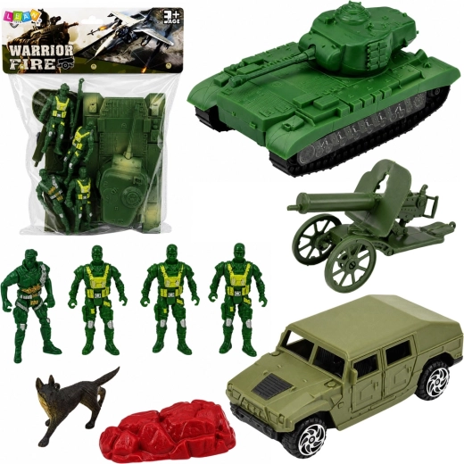 Set militar cu tanc, jeep, tun și soldăței – 13 piese